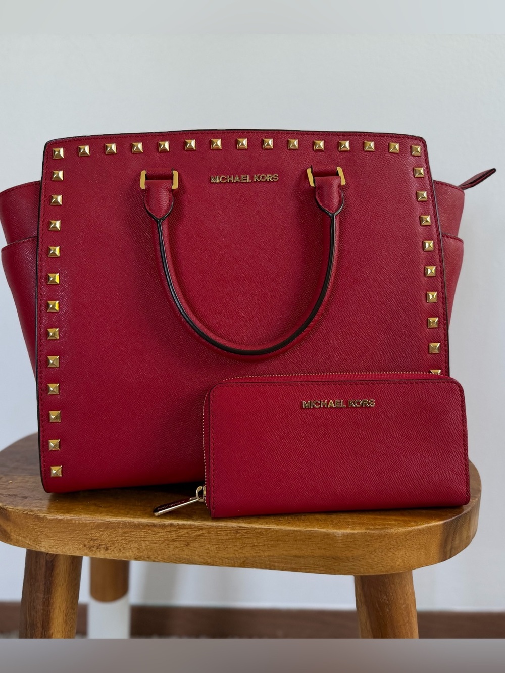 Michael Kors Red Studded Tote with Matching Zip Wallet
